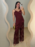 Wine Cami And Lace Pants Set