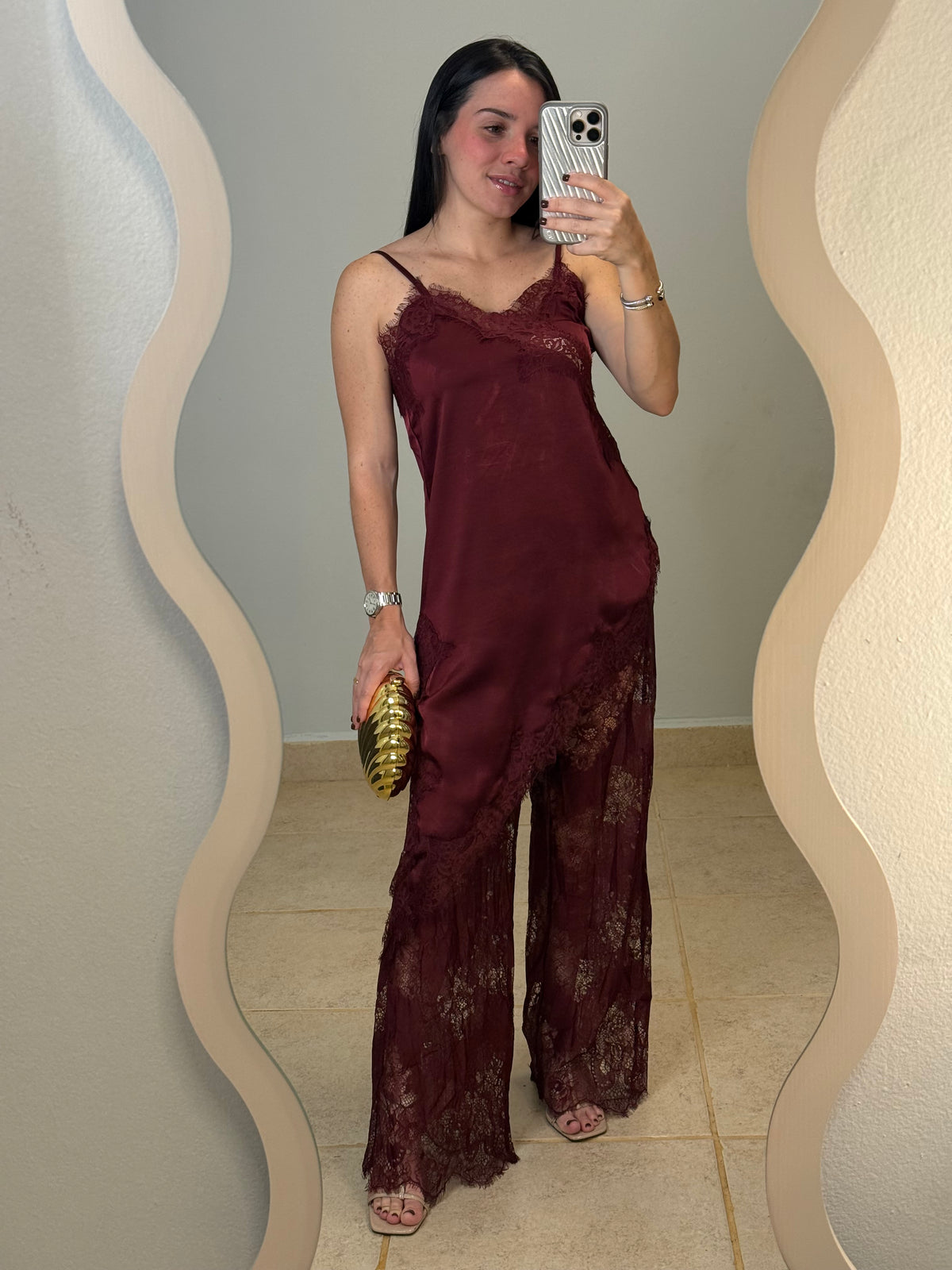 Wine Cami And Lace Pants Set