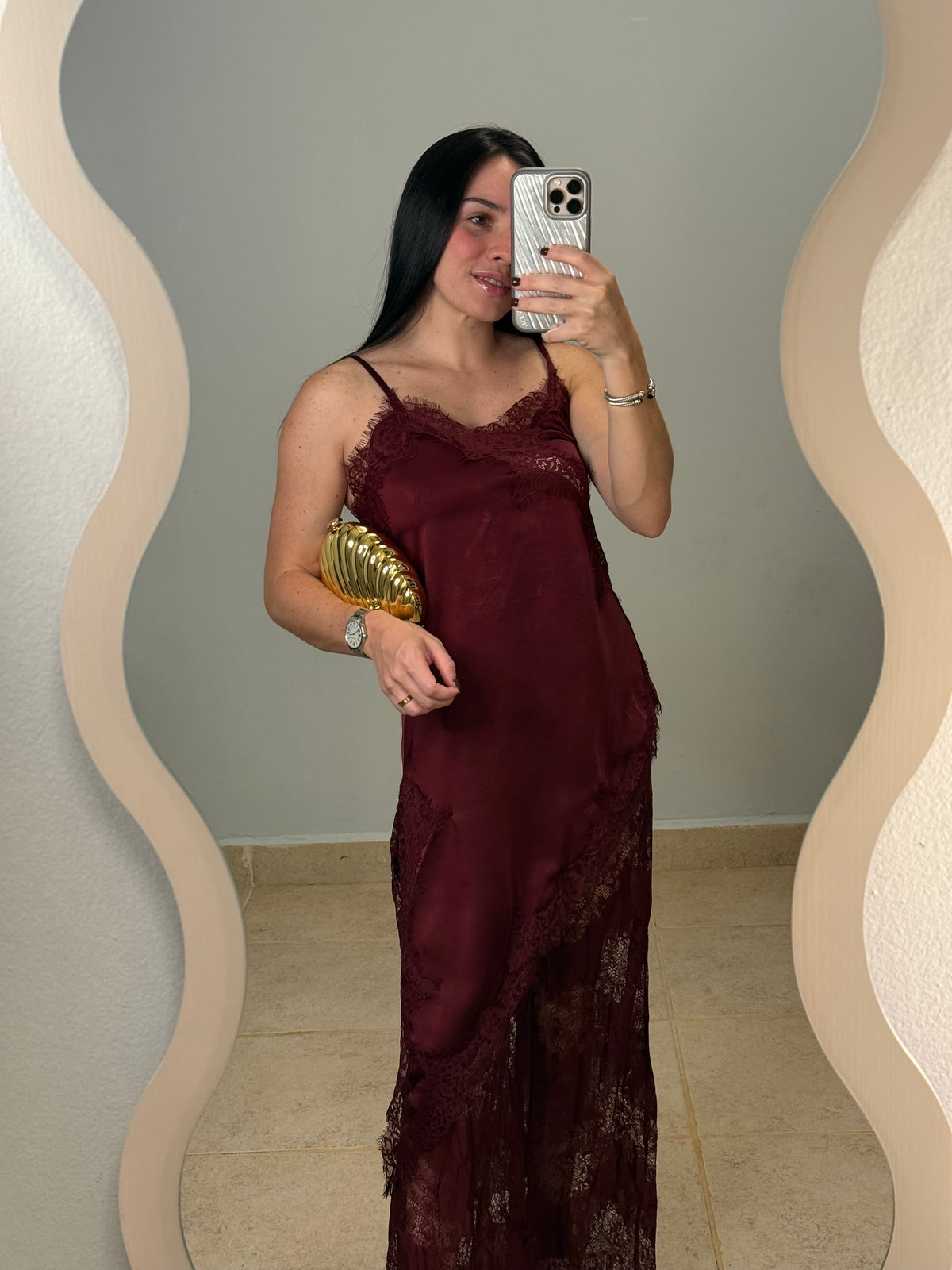 Wine Cami And Lace Pants Set