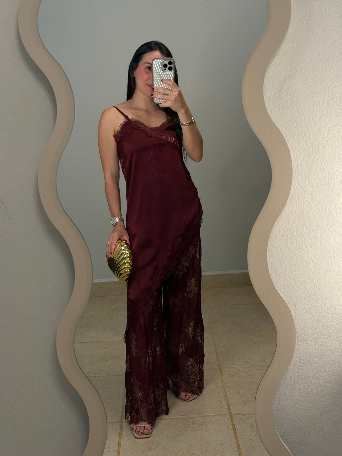 Wine Cami And Lace Pants Set