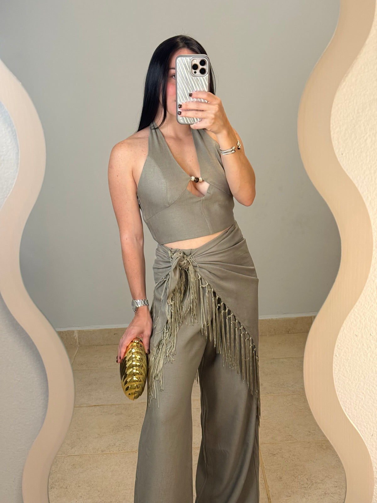 Khaki Fringe Wrap Set