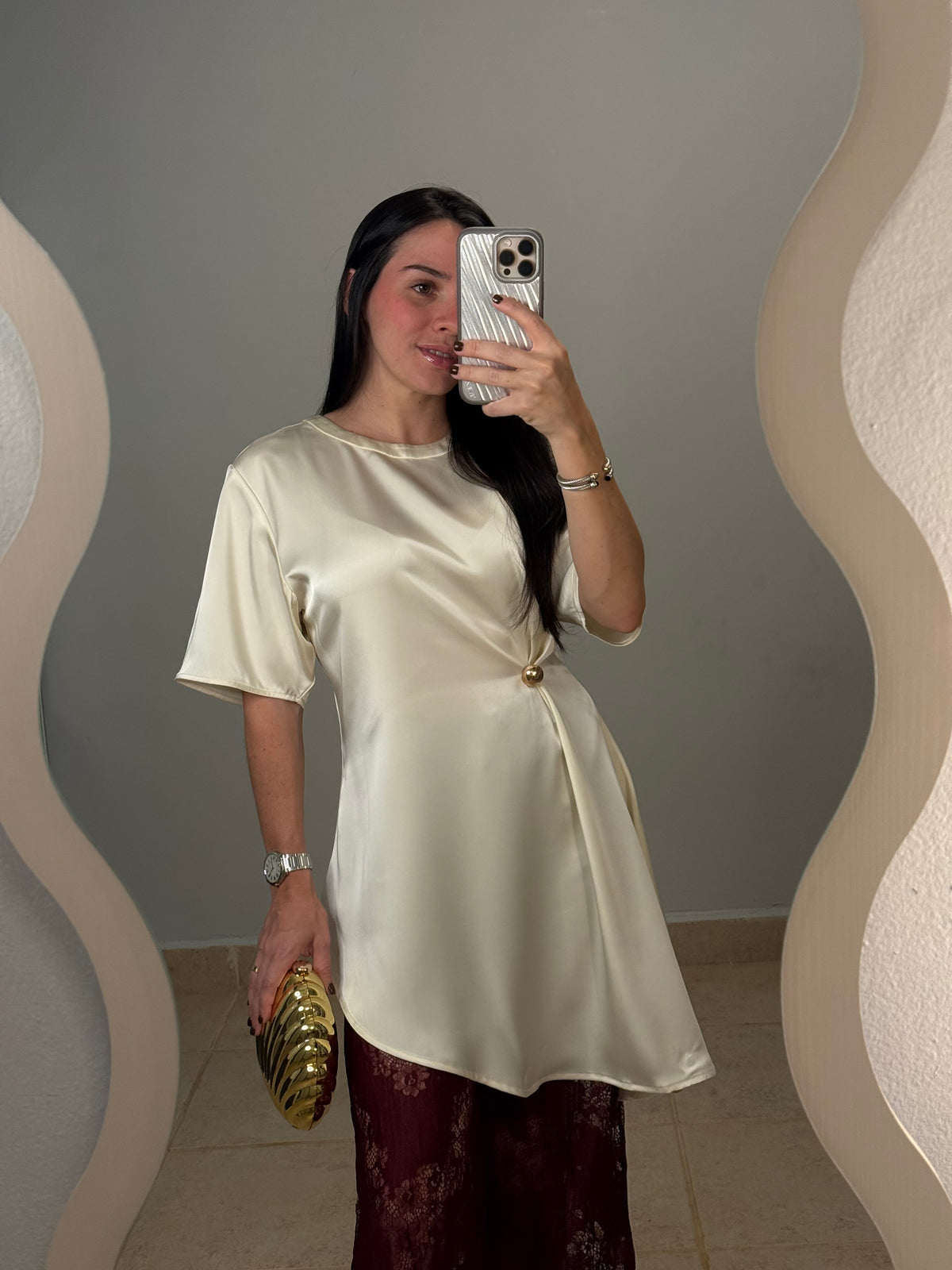 Cream Satin Asymmetric Top