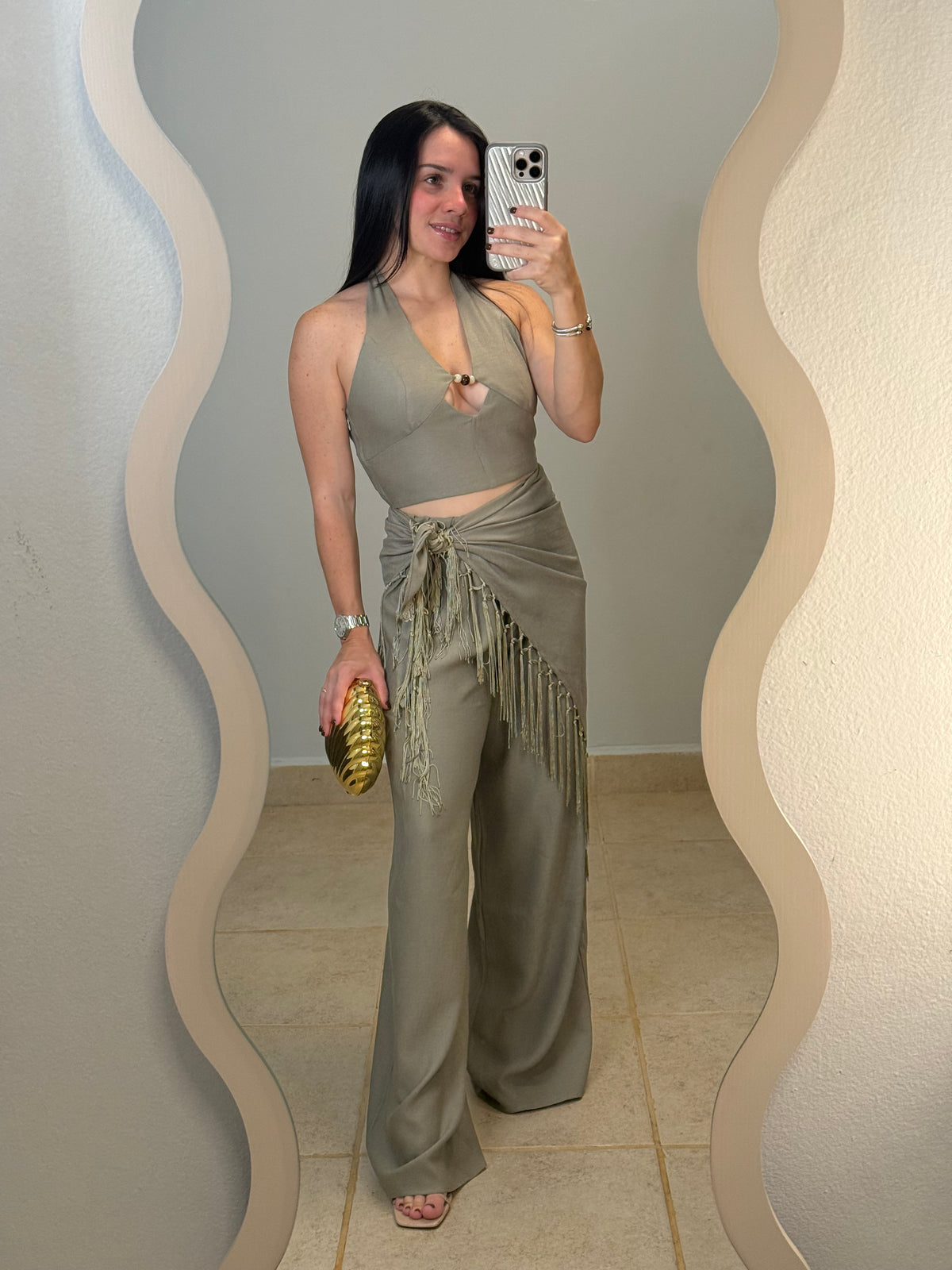 Khaki Fringe Wrap Set