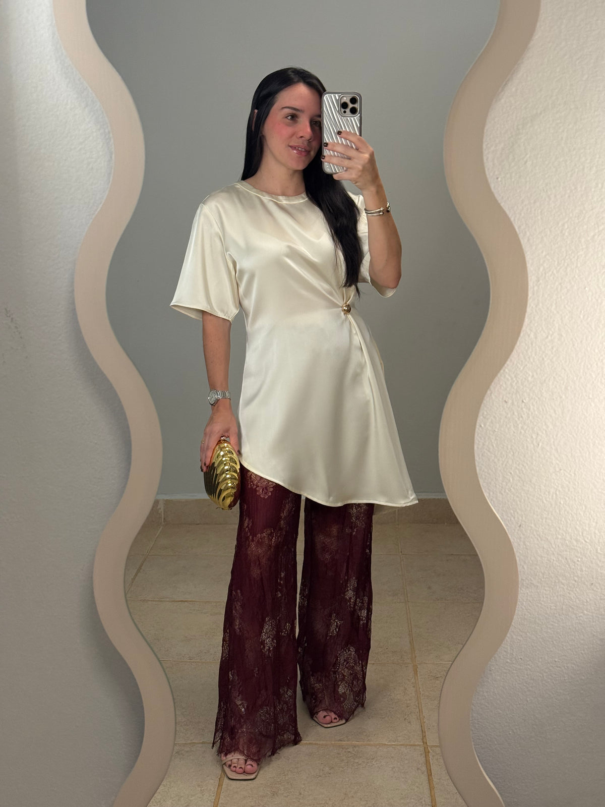 Cream Satin Asymmetric Top