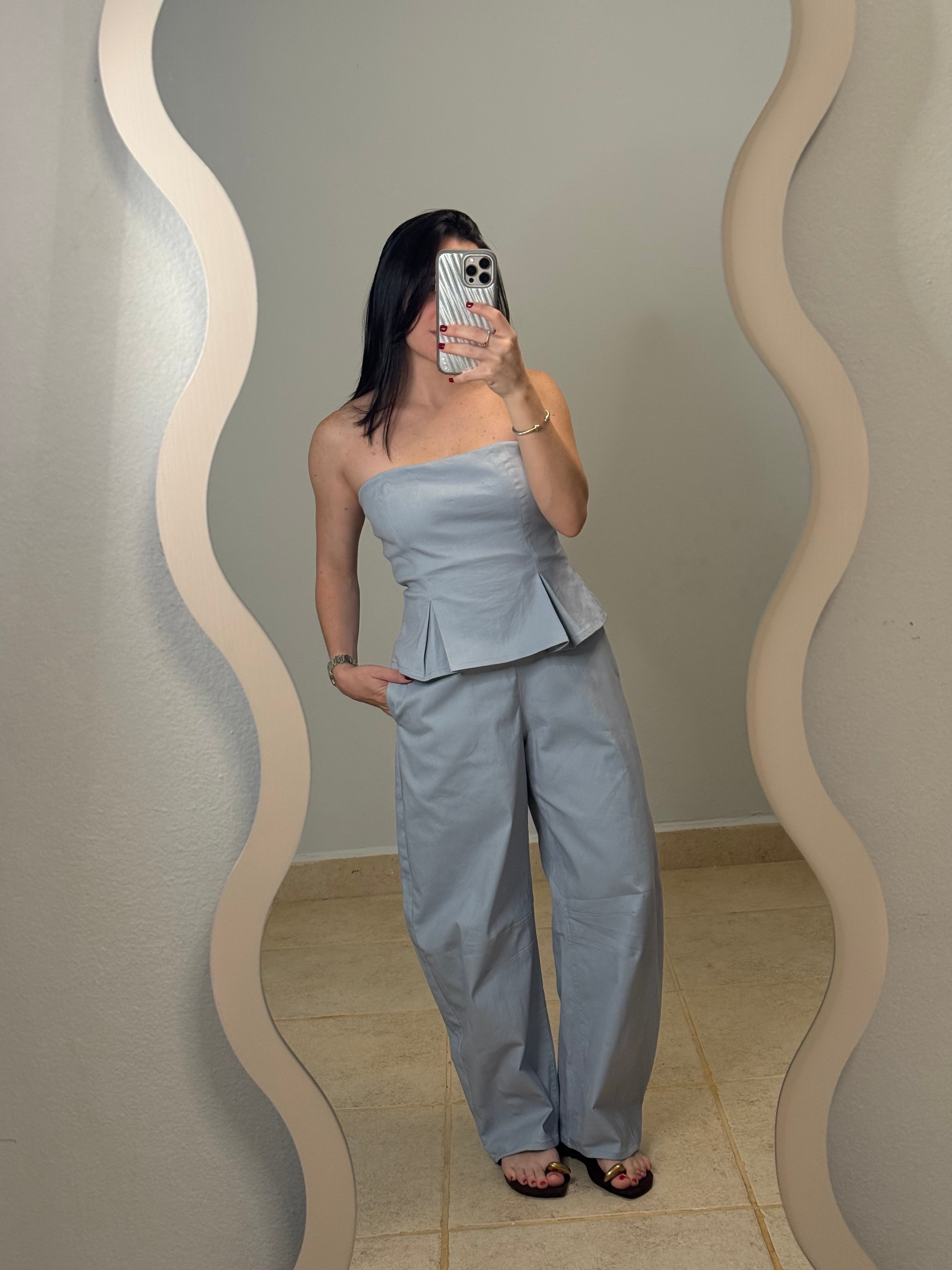 Blue Strapless Peplum Barrel Jumpsuit