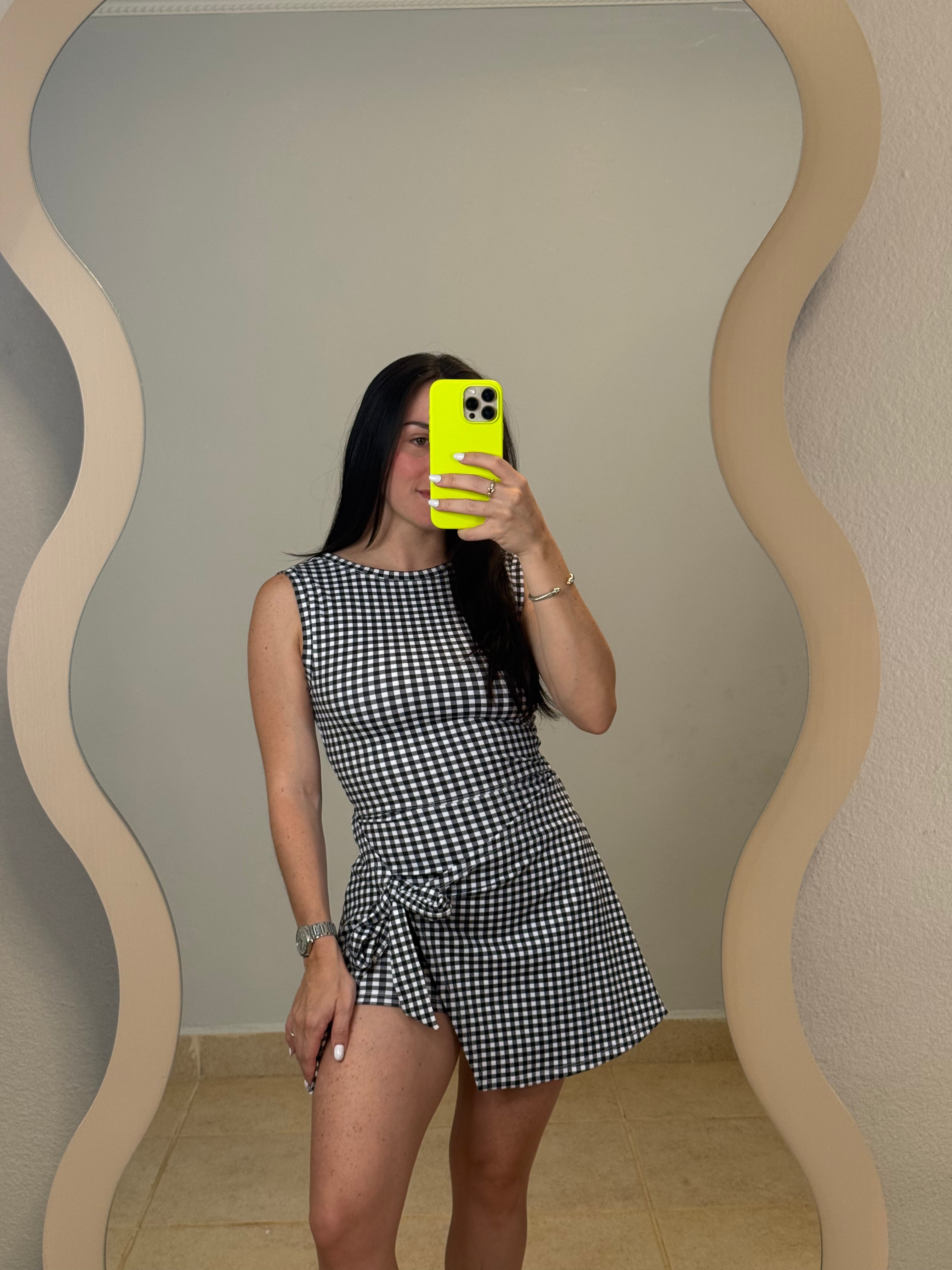 Black Gingham Wrap Tie Front Dress