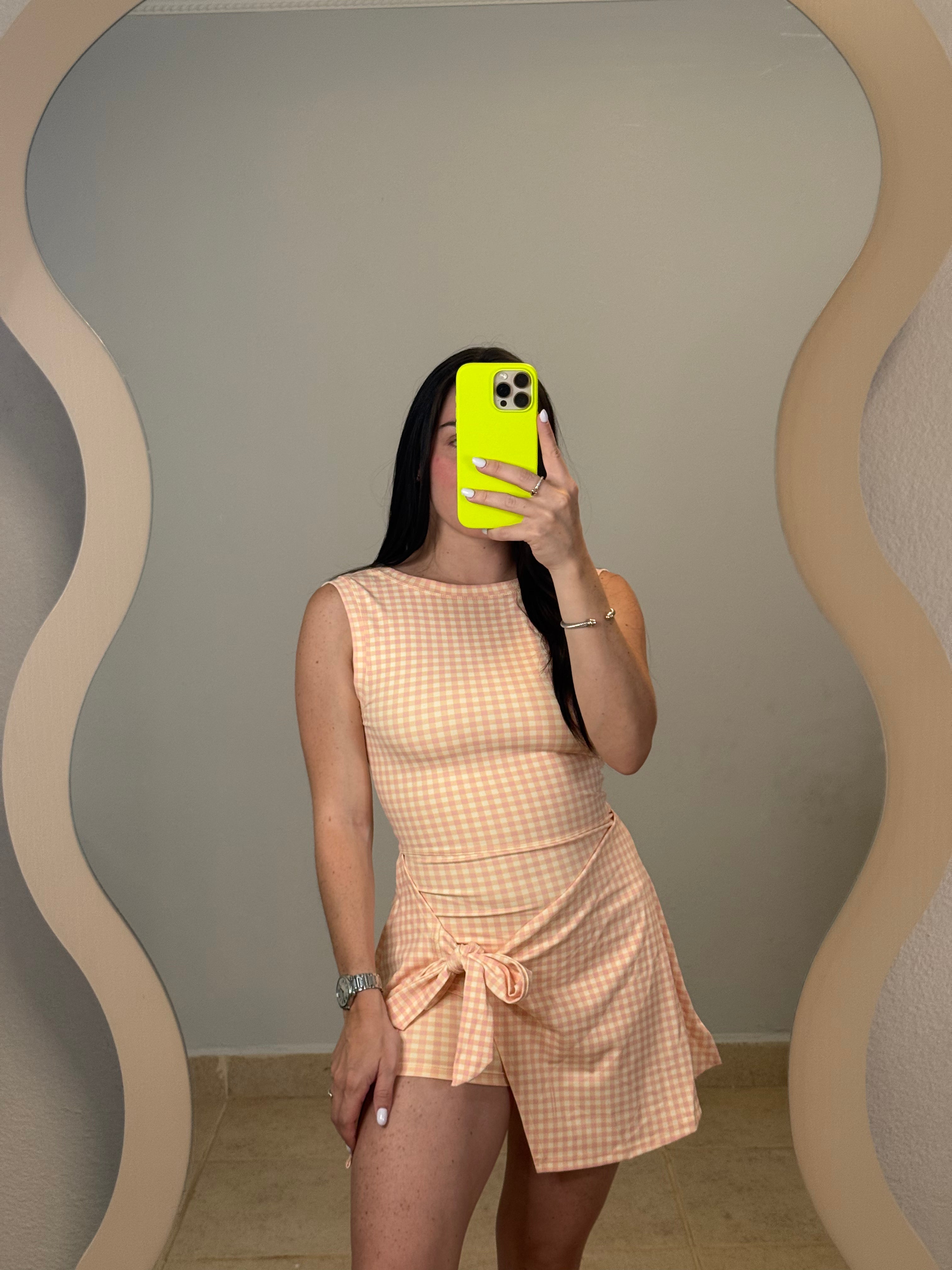 Peach Gingham Wrap Tie Front Dress