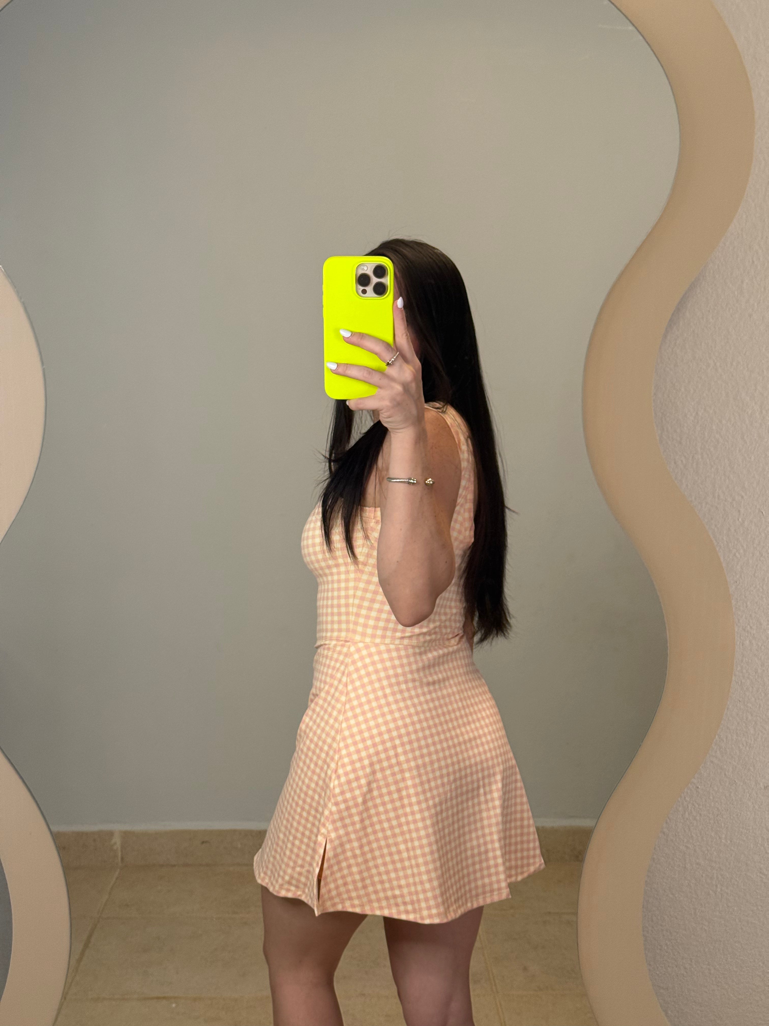 Peach Gingham Wrap Tie Front Dress
