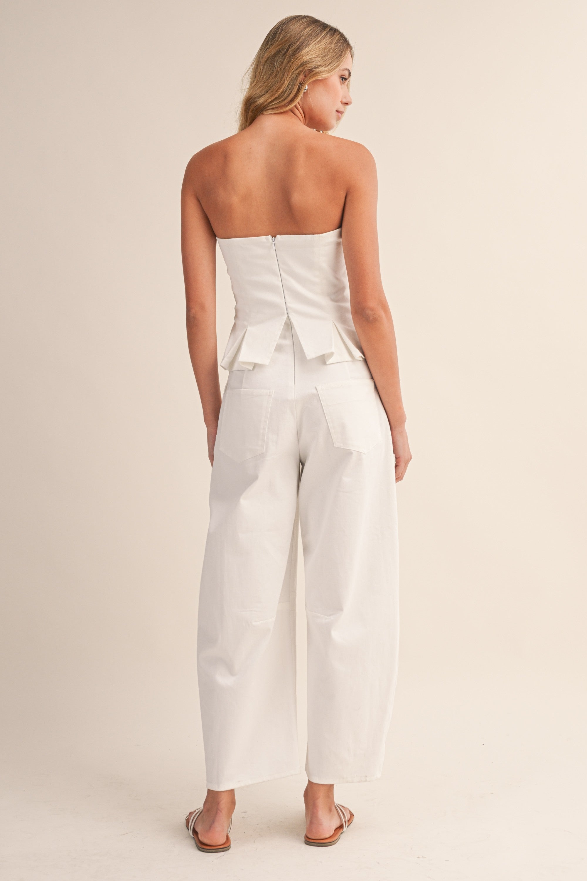 White Strapless Peplum Barrel Jumpsuit PRE ORDER 8/14